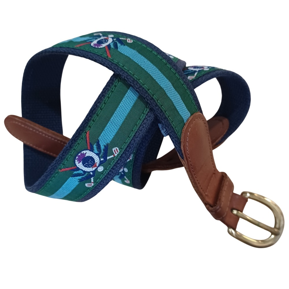 Mens Embroidered Golf Motif Surcingle Belt Navy Green Stripe Leather Tabs 38